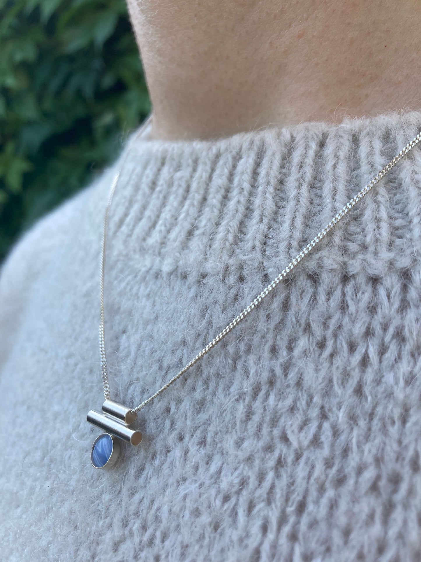Handmade silver necklace with blue lace agate.
